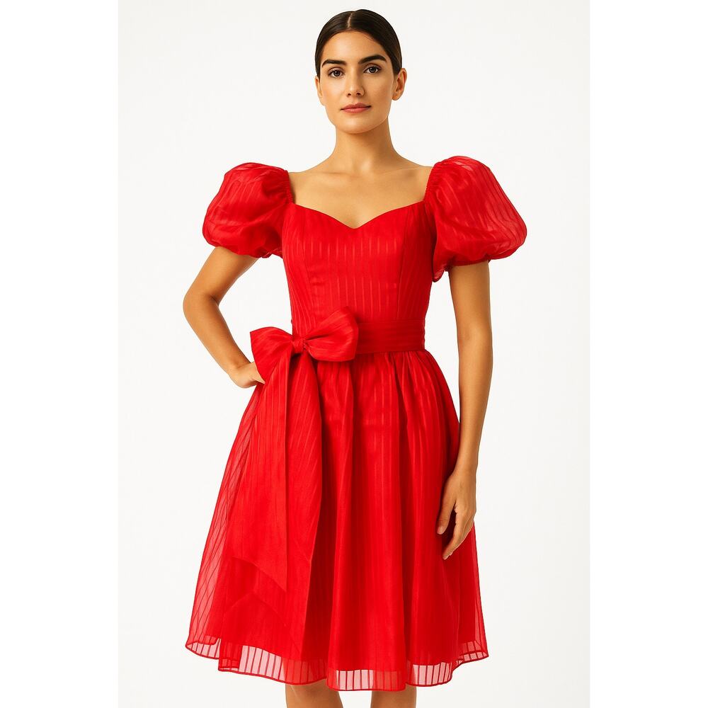 American Vintage 80’s Roberta red formal party dress, puff sleeves tie-waist XS